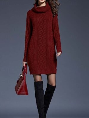 Casual Soft Pure Colour Turtleneck Long Sleeve Long Sweater Dress - Image 6
