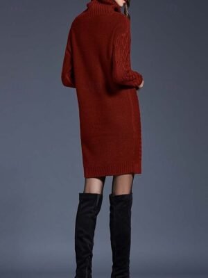 Casual Soft Pure Colour Turtleneck Long Sleeve Long Sweater Dress - Image 7