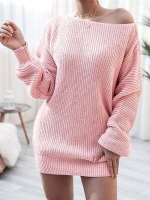 Casual Soft Ribbed Boat Neck Long Sleeve Long Sweater Dress - Image 1