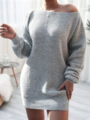 Casual Soft Ribbed Boat Neck Long Sleeve Long Sweater Dress - Image 3