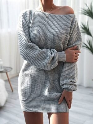 Casual Soft Ribbed Boat Neck Long Sleeve Long Sweater Dress - Image 4