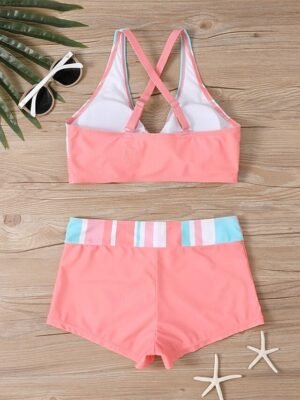 Casual Stretchy Criss Cross Open Back Sleeveless Two Piece Tankini - Image 3