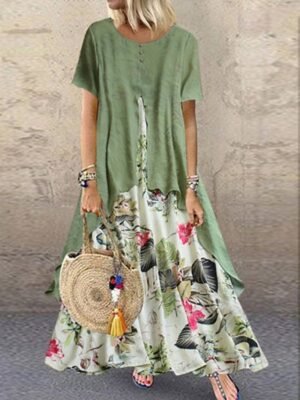 Casual Swing Floral Crew Neck Short Sleeve Maxi Dress - Image 1