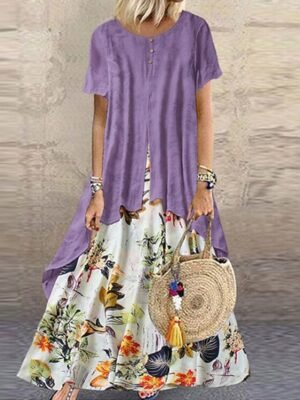 Casual Swing Floral Crew Neck Short Sleeve Maxi Dress - Image 2