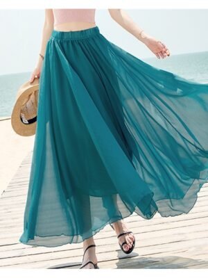 Casual Swing Solid Layered Chiffon Maxi Skirt - Image 2