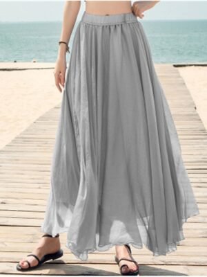 Casual Swing Solid Layered Chiffon Maxi Skirt - Image 3