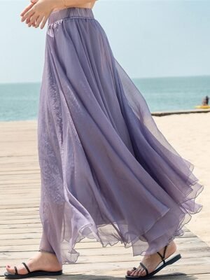 Casual Swing Solid Layered Chiffon Maxi Skirt - Image 6