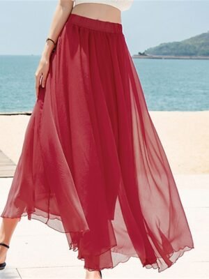 Casual Swing Solid Layered Chiffon Maxi Skirt - Image 8