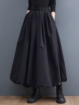 Casual Swing Solid Pocket Drawstring Maxi Skirt - Image 1