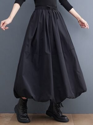 Casual Swing Solid Pocket Drawstring Maxi Skirt - Image 2