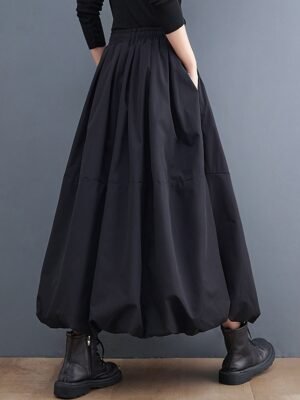 Casual Swing Solid Pocket Drawstring Maxi Skirt - Image 3