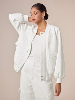 Casual Textured Crew Neck Raglan Sleeve Bomber Jacket - Image 1