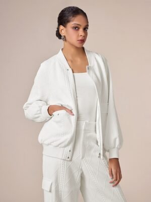 Casual Textured Crew Neck Raglan Sleeve Bomber Jacket - Image 5