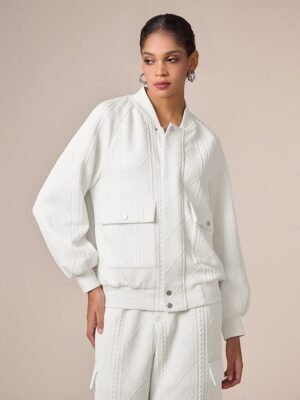 Casual Textured Crew Neck Raglan Sleeve Bomber Jacket - Image 6