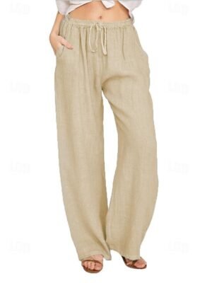Casual Wide Leg Plain Drawstring Full Length Trousers - Image 13