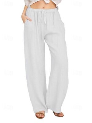 Casual Wide Leg Plain Drawstring Full Length Trousers - Image 14