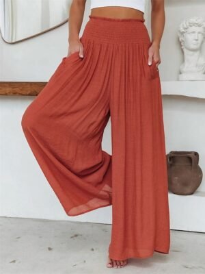 Casual Wide Leg Plain Elastic Waist Full Length Trousers - Image 1