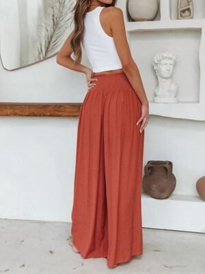 Casual Wide Leg Plain Elastic Waist Full Length Trousers - Image 4