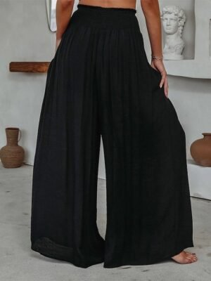 Casual Wide Leg Plain Elastic Waist Full Length Trousers - Image 7