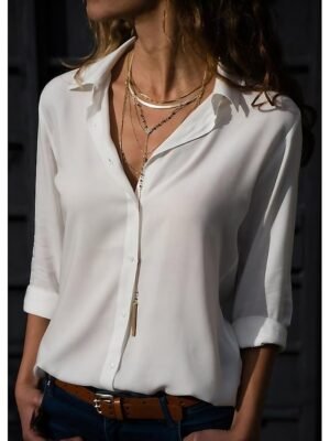 Casual Work Plain Shirt Collar Long Sleeve Blouse - Image 1