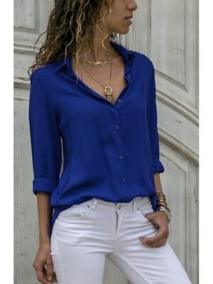 Casual Work Plain Shirt Collar Long Sleeve Blouse - Image 4