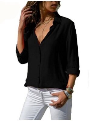 Casual Work Plain Shirt Collar Long Sleeve Blouse - Image 5