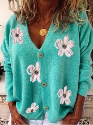 Chic Floral V Neck Embroidered Long Sleeve Knit Cardigan - Image 4