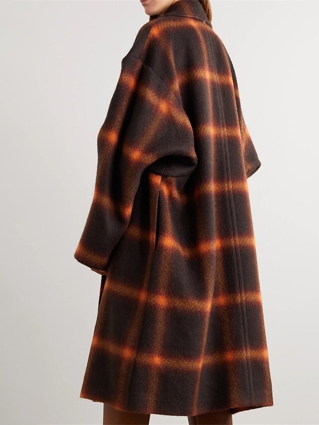 Chic Long Plaid Lapel Single Breasted Winter Coat - Image 1
