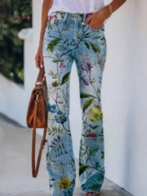 Chic Loose Print High Waist Full Length Bell Bottom Jeans - Image 10