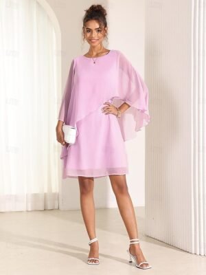 Chic Relaxed Fit Pastel Pink Round Neck Batwing Sleeve Above Knee Dress - Image 2