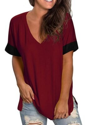 Classic Loose Solid V Neck Short Sleeve Blouse - Image 5