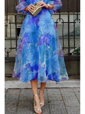 Classic Regular Fit Floral Crew Neck Puff Sleeve Midi Dress - Image 2