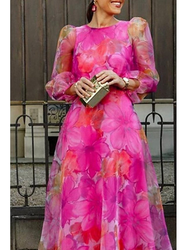 Classic Regular Fit Floral Crew Neck Puff Sleeve Midi Dress - Image 4