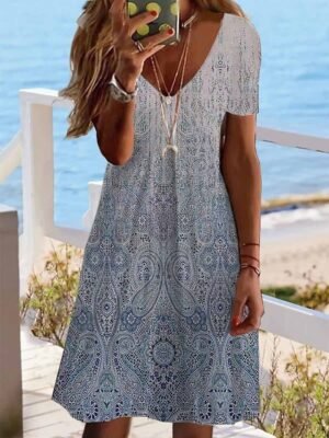 Classic Regular Fit Floral Paisley V Neck Short Sleeve Mini Dress - Image 2