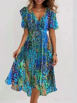 Classic Regular Fit Floral V Neck Short Sleeve Midi Dress - Image 1