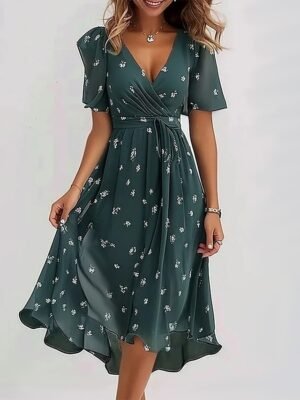 Classic Regular Fit Floral V Neck Short Sleeve Midi Dress - Image 3