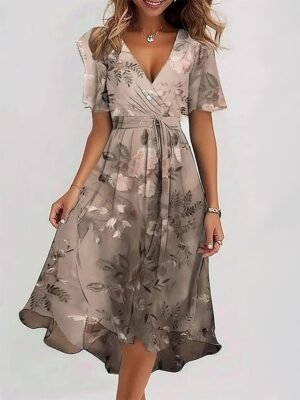 Classic Regular Fit Floral V Neck Short Sleeve Midi Dress - Image 4