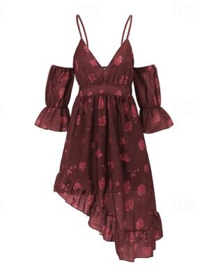 Classic Regular Fit Floral V Neck Short Sleeve Mini Dress - Image 4