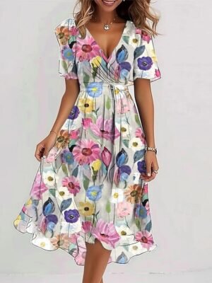 Classic Regular Fit Floral V Neck Short Sleeve Midi Dress - Image 6