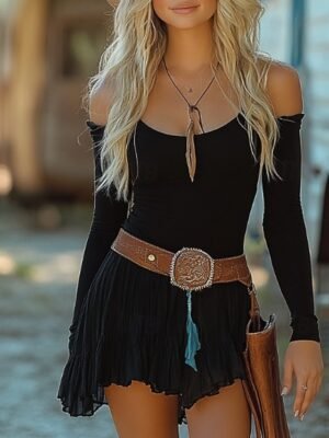 Classic Regular Fit Plain Off Shoulder Long Sleeve Mini Dress - Image 1