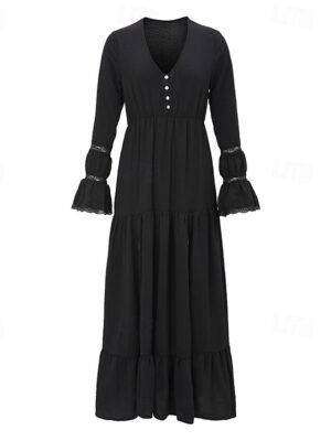 Classic Regular Plain V Neck Long Sleeve Midi Dress - Image 4