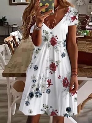 Cute Regular Fit Floral V Neck Short Sleeve Mini Dress - Image 1