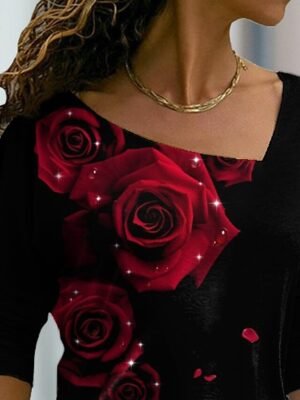 Cute Regular Floral V Neck Long Sleeve Regular T-Shirt - Image 5