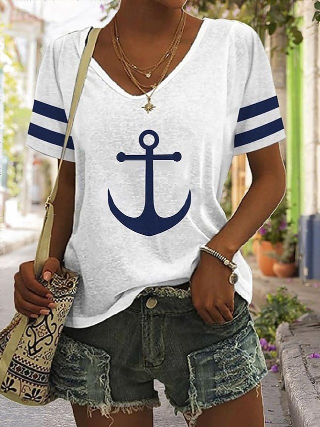 Daily Regular Anchor Print V Neck Short Sleeve T-Shirt - Image 1