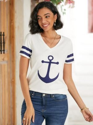 Daily Regular Anchor Print V Neck Short Sleeve T-Shirt - Image 3