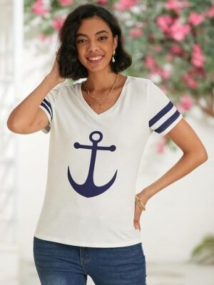 Daily Regular Anchor Print V Neck Short Sleeve T-Shirt - Image 4