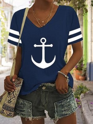 Daily Regular Anchor Print V Neck Short Sleeve T-Shirt - Image 6