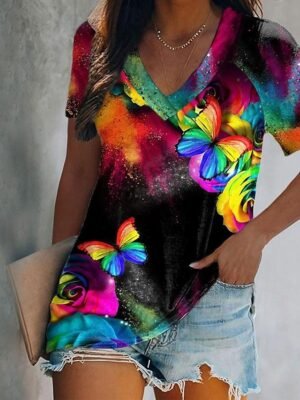 Daily Regular Butterfly Print V Neck Short Sleeve T Shirt - Image 1