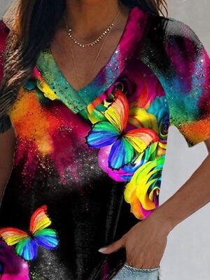 Daily Regular Butterfly Print V Neck Short Sleeve T Shirt - Image 2