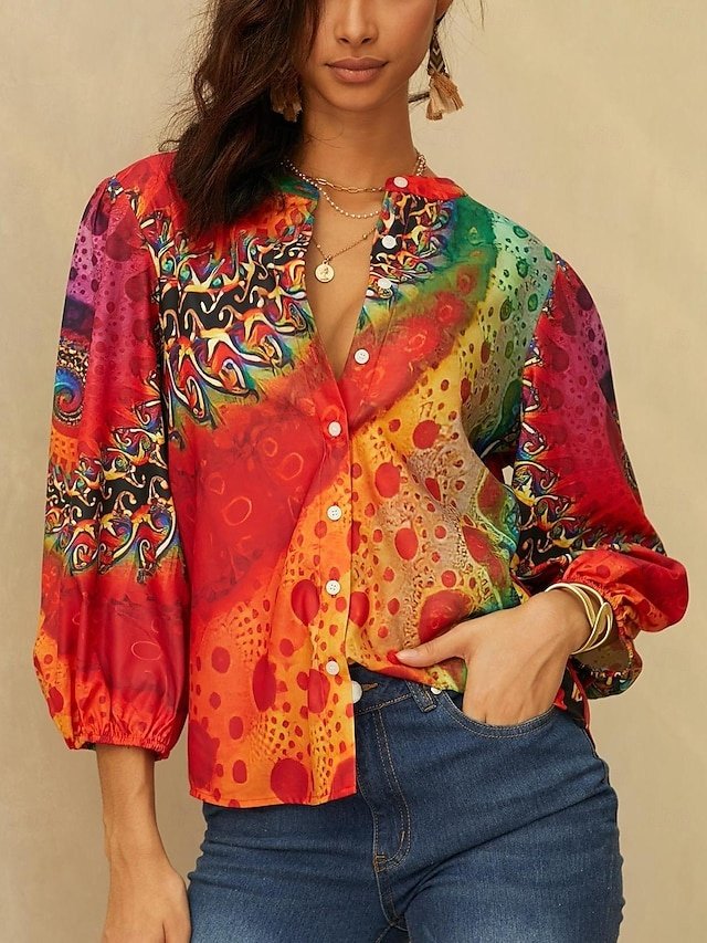 Daily Regular Neon Print V Neck Long Sleeve Blouse - Image 2